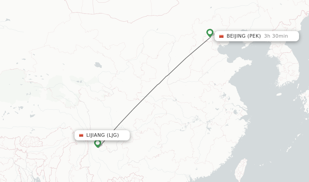 Flights from Lijiang to Beijing route map