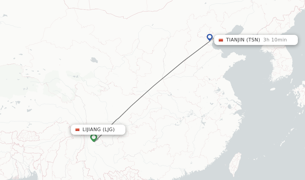 Flights from Lijiang to Tianjin route map