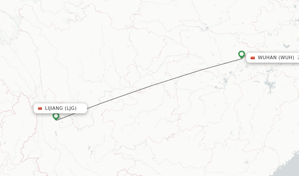 Flights from Lijiang to Wuhan route map