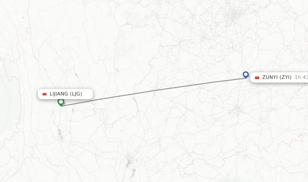 Flights from Lijiang to Zunyi route map