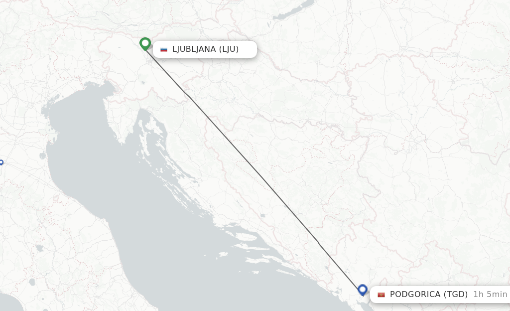 Flights from Ljubljana to Podgorica route map