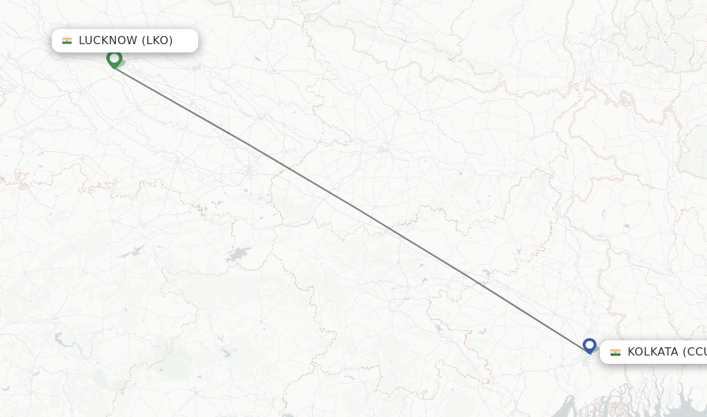 Flights from Lucknow to Kolkata route map