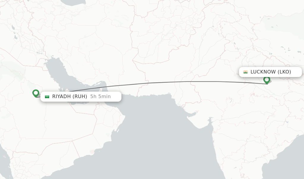 Flights from Lucknow to Riyadh route map