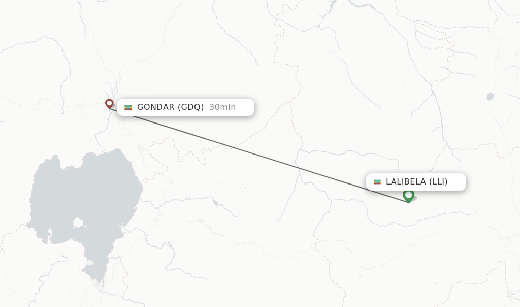 Flights from Lalibela to Gondar route map