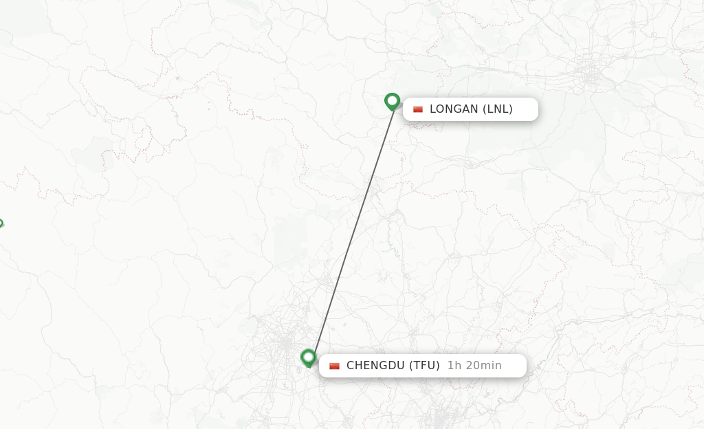 Flights from Longan to Chengdu route map