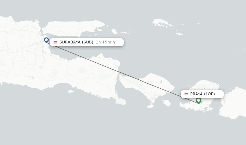 Flights from Praya to Surabaya route map