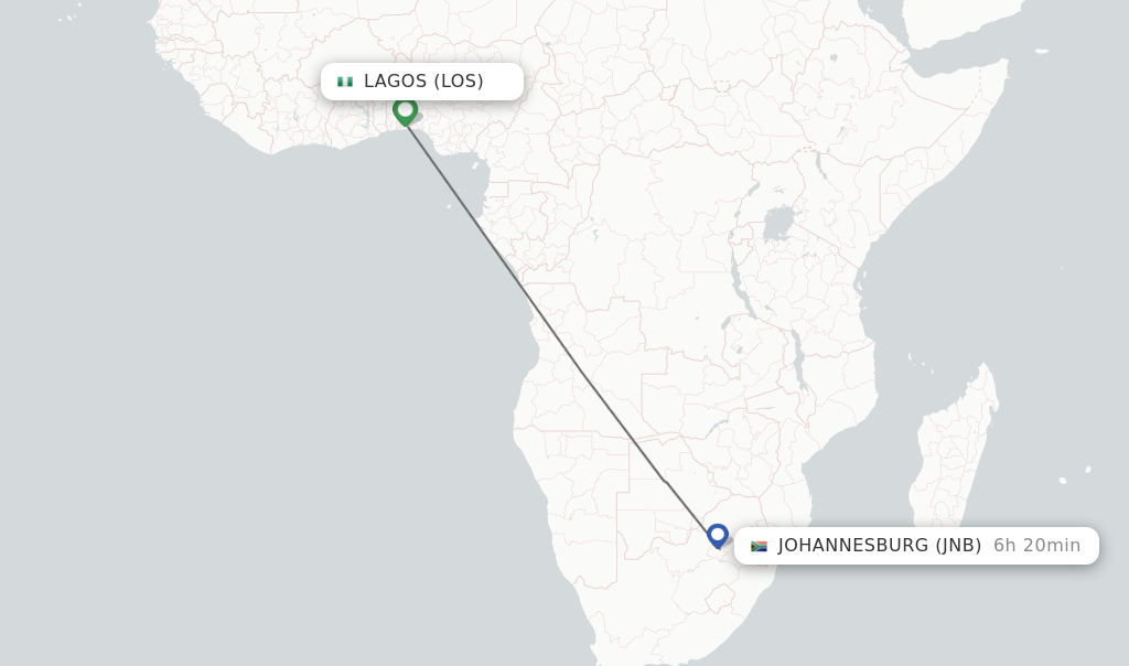 Flights from Lagos to Johannesburg route map
