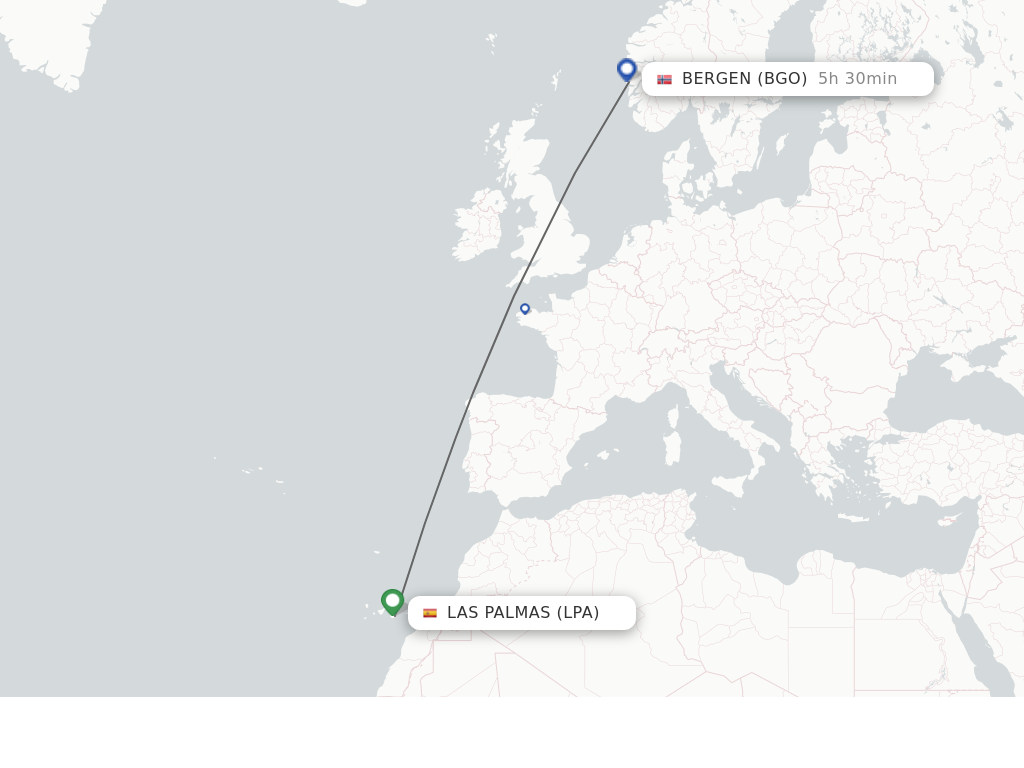 Flights from Las Palmas to Bergen route map
