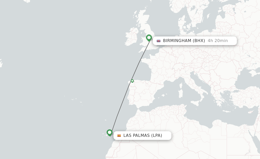 Flights from Las Palmas to Birmingham route map