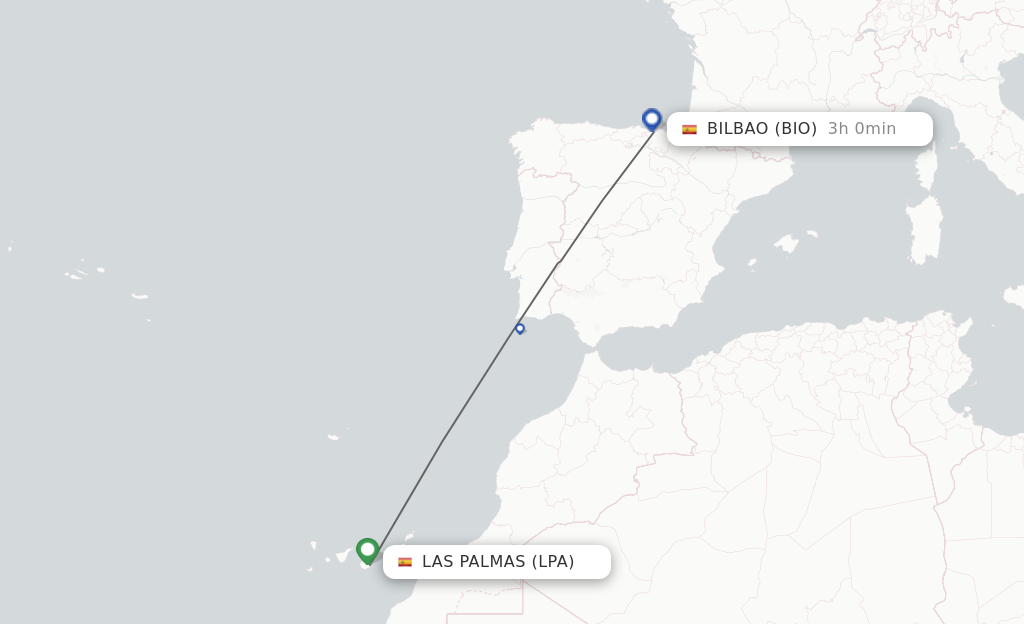 Flights from Las Palmas to Bilbao route map