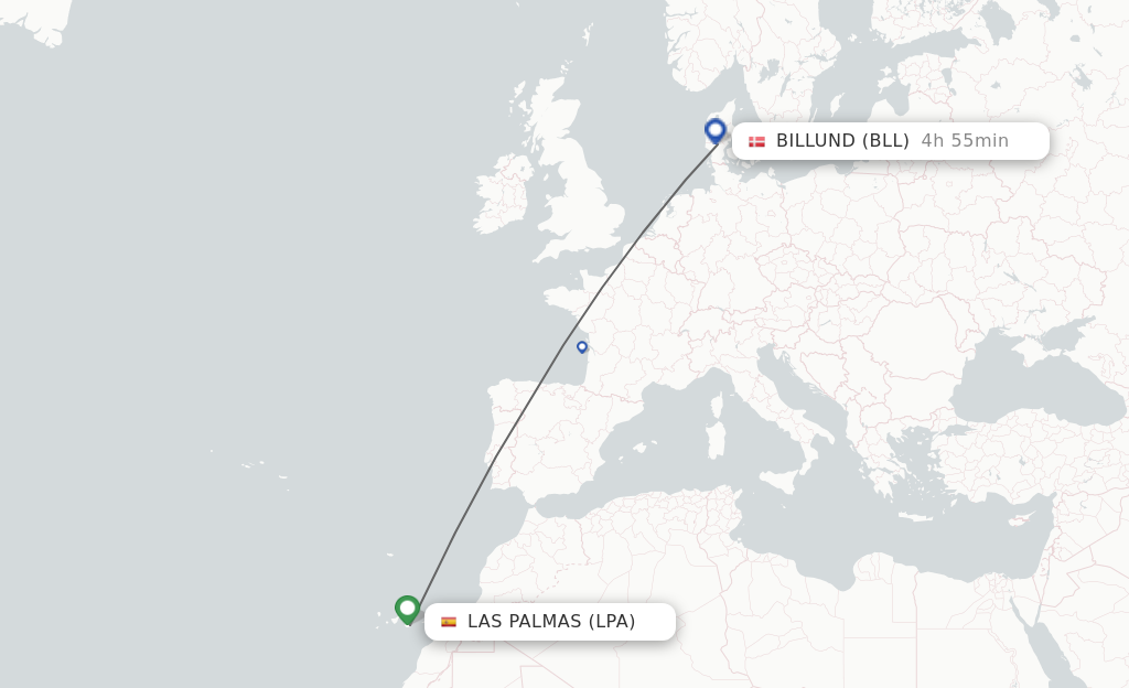 Flights from Las Palmas to Billund route map