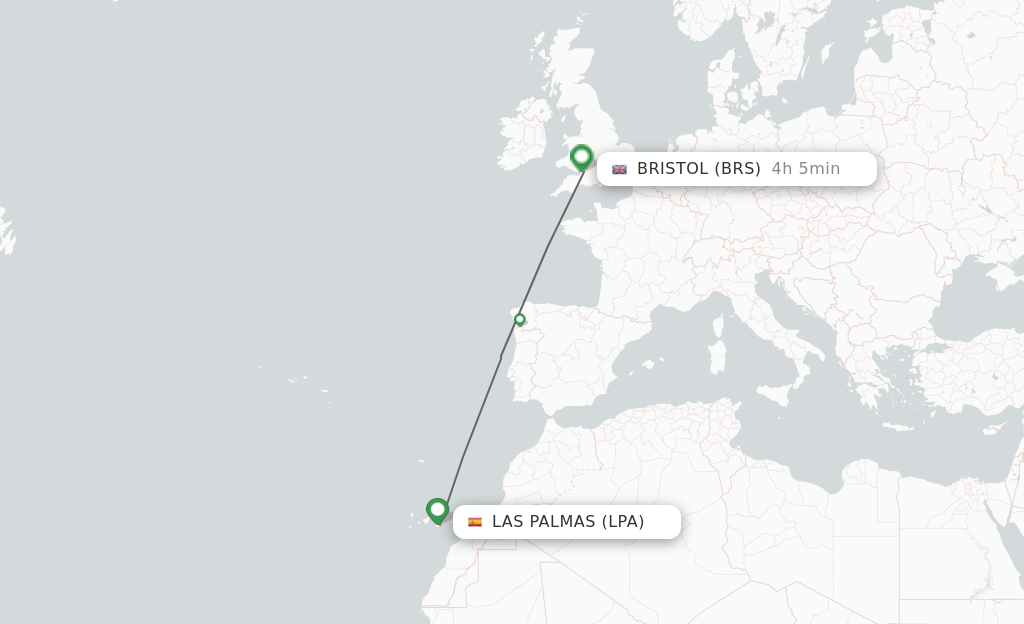 Flights from Las Palmas to Bristol route map