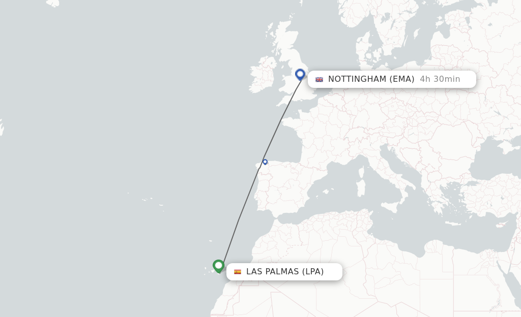 Flights from Las Palmas to Leicestershire route map