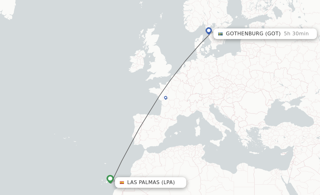 Flights from Las Palmas to Gothenburg route map