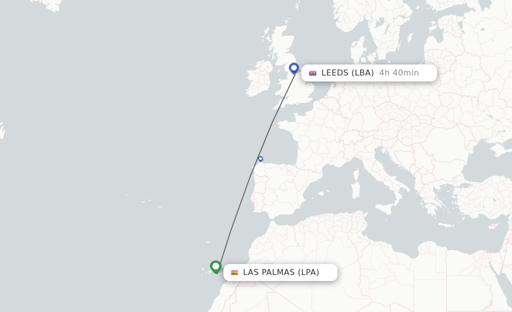 Flights from Las Palmas to Leeds route map