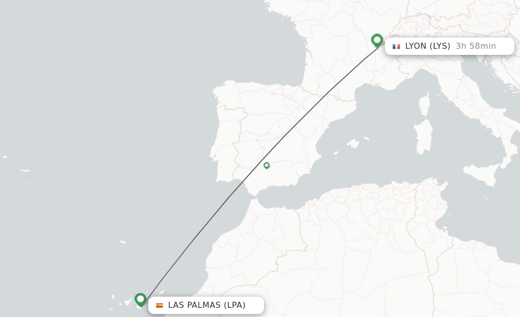 Flights from Las Palmas to Lyon route map