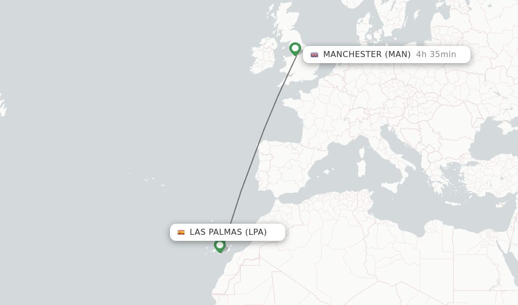 Flights from Las Palmas to Manchester route map