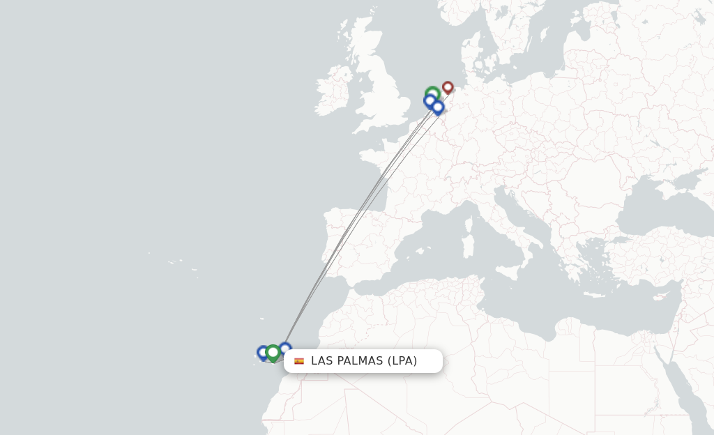 Route map with flights from Las Palmas with TUIfly Netherlands