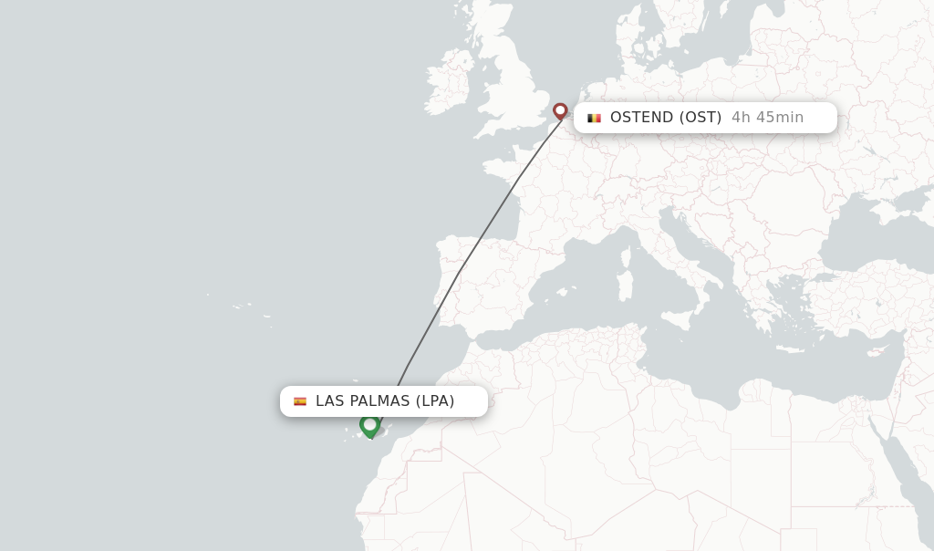 Flights from Las Palmas to Ostend route map