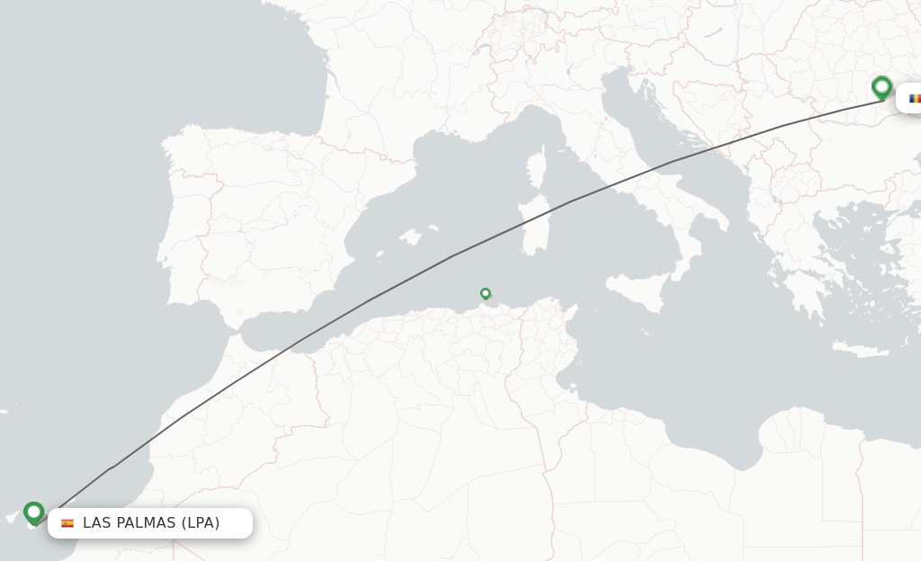 Flights from Las Palmas to Bucharest route map