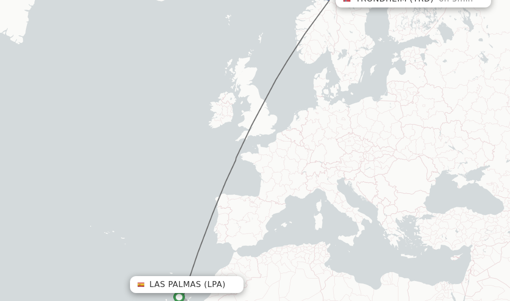 Flights from Las Palmas to Trondheim route map