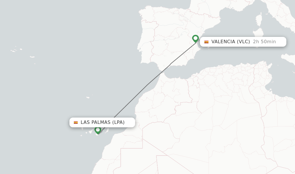 Flights from Las Palmas to Valencia route map