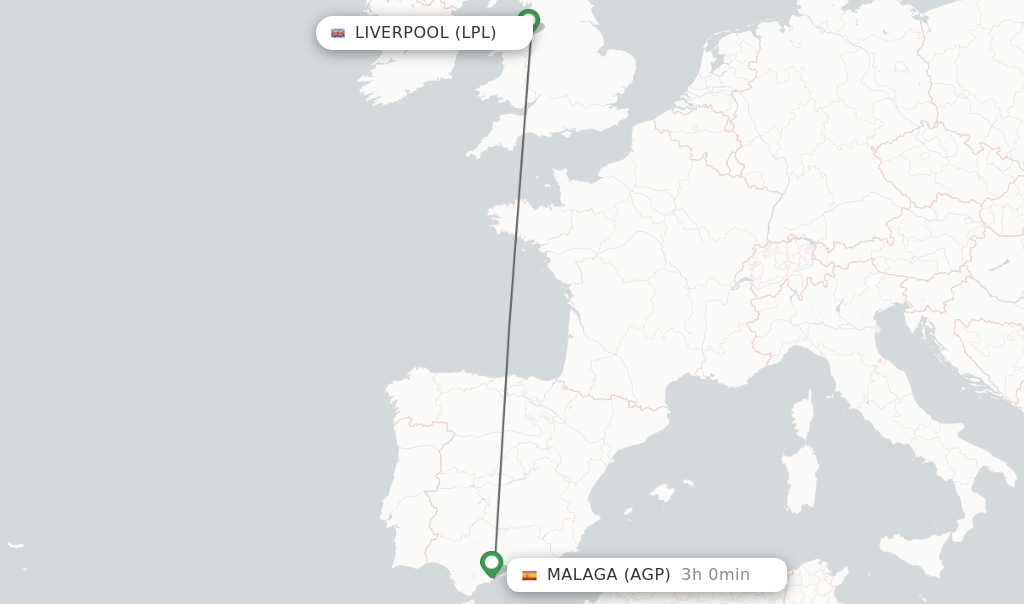 Flights from Liverpool to Malaga route map