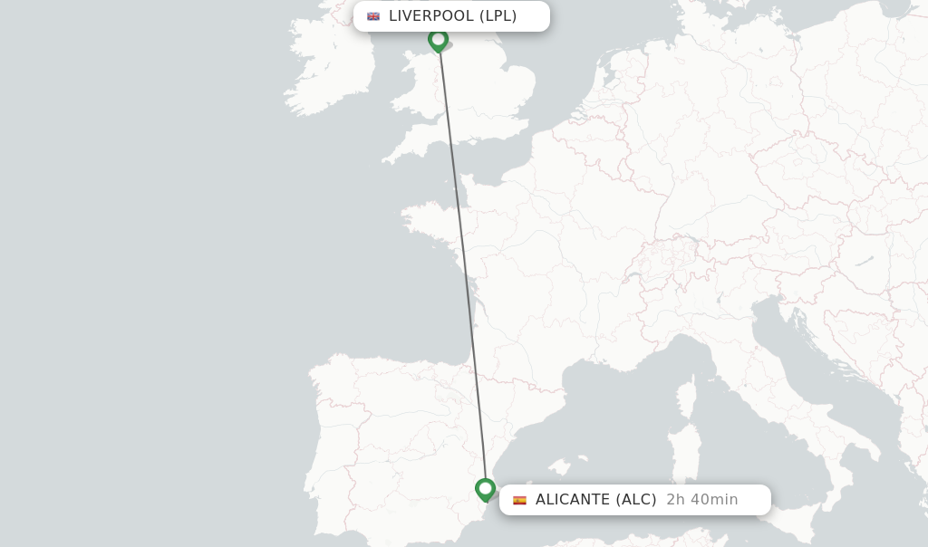 Flights from Liverpool to Alicante route map