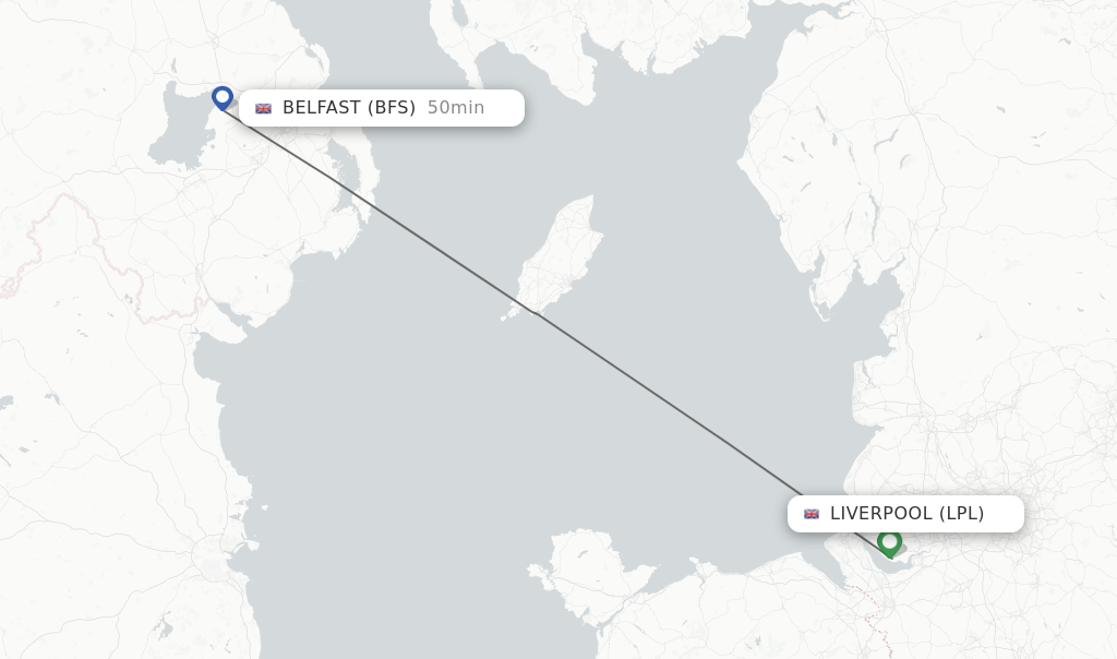 Flights from Liverpool to Belfast route map