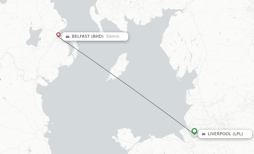Flights from Liverpool to Belfast route map