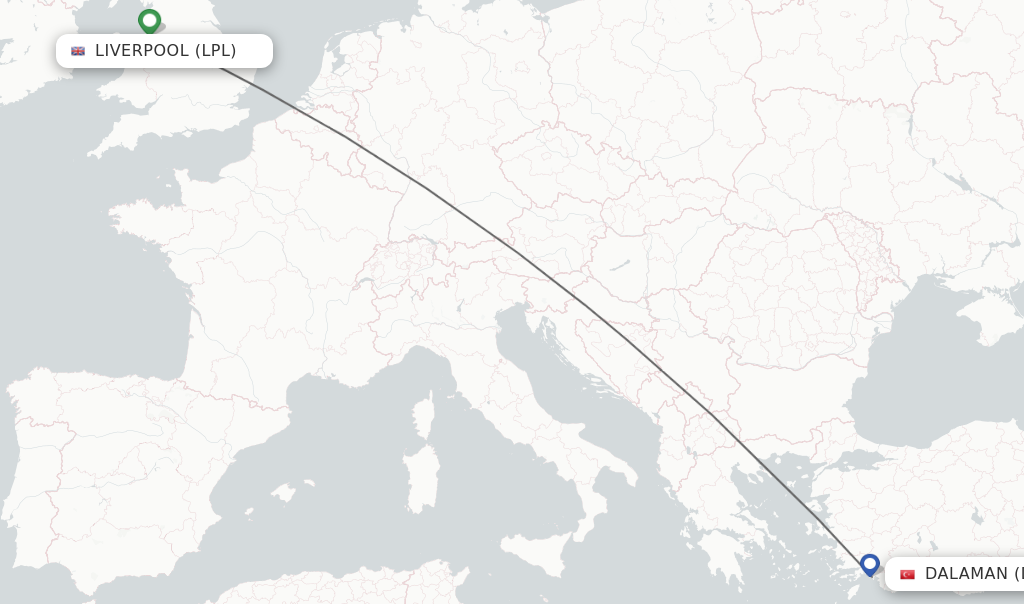Flights from Liverpool to Dalaman route map