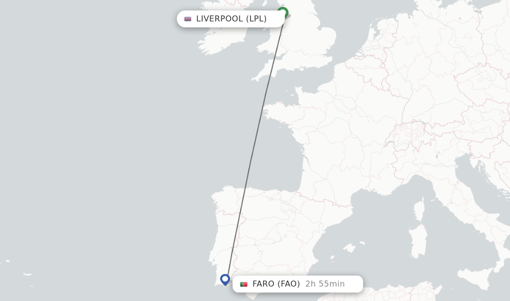 Flights from Liverpool to Faro route map