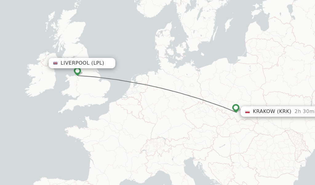 Flights from Liverpool to Krakow route map
