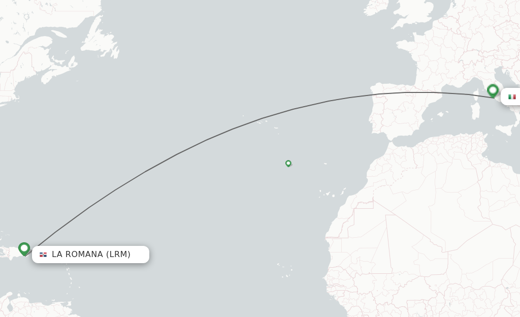 Flights from La Romana to Rome route map