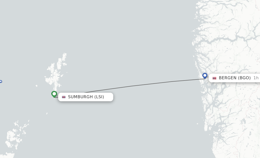 Flights from Shetland Islands to Bergen route map