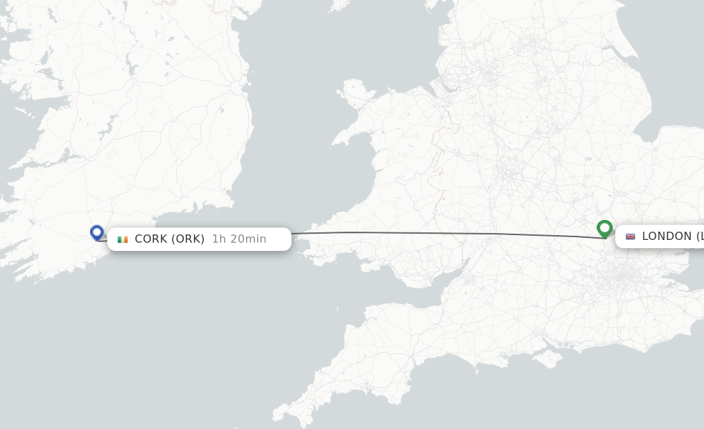 Flights from London to Cork route map