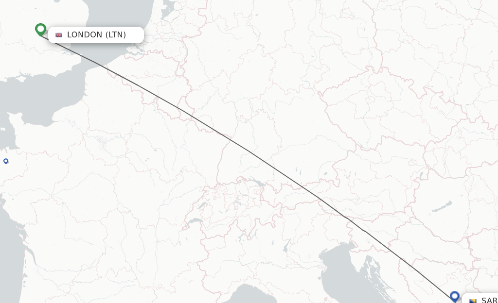 Flights from London to Sarajevo route map