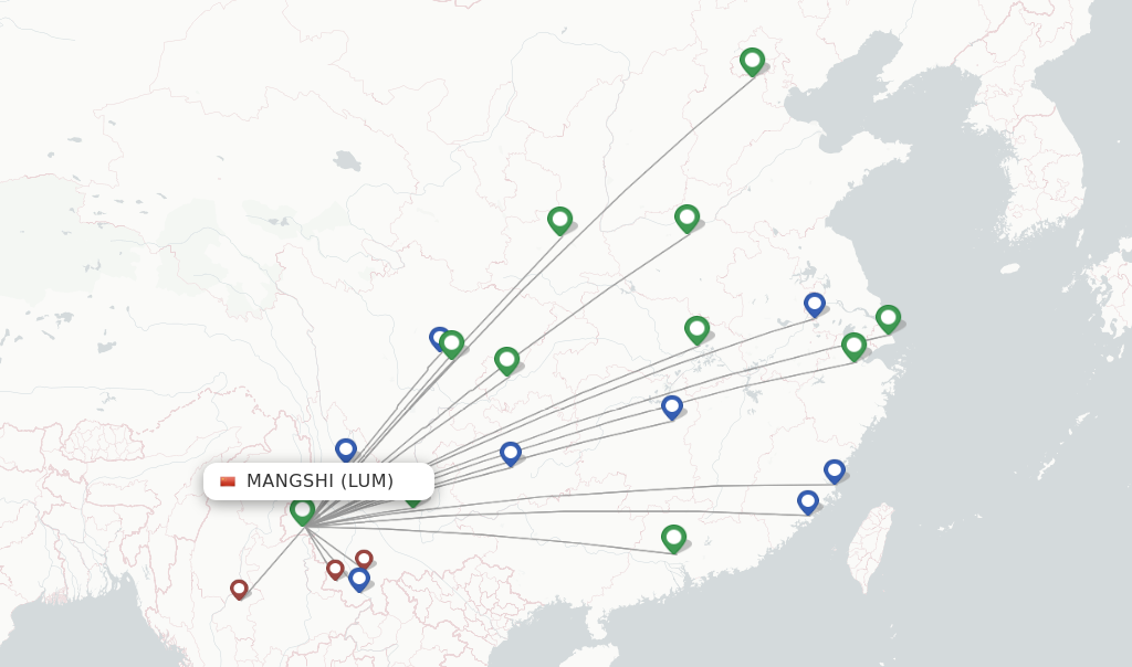 Flights from Mangshi to Xian route map