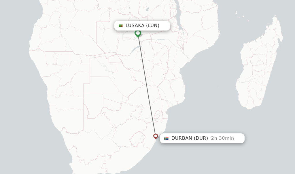 Flights from Lusaka to Durban route map