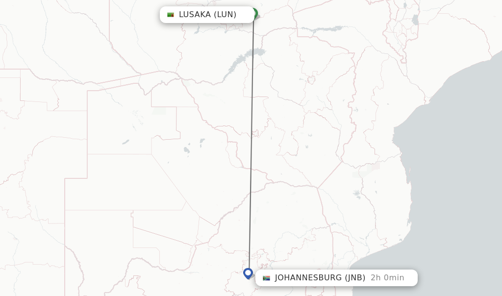 Flights from Lusaka to Johannesburg route map