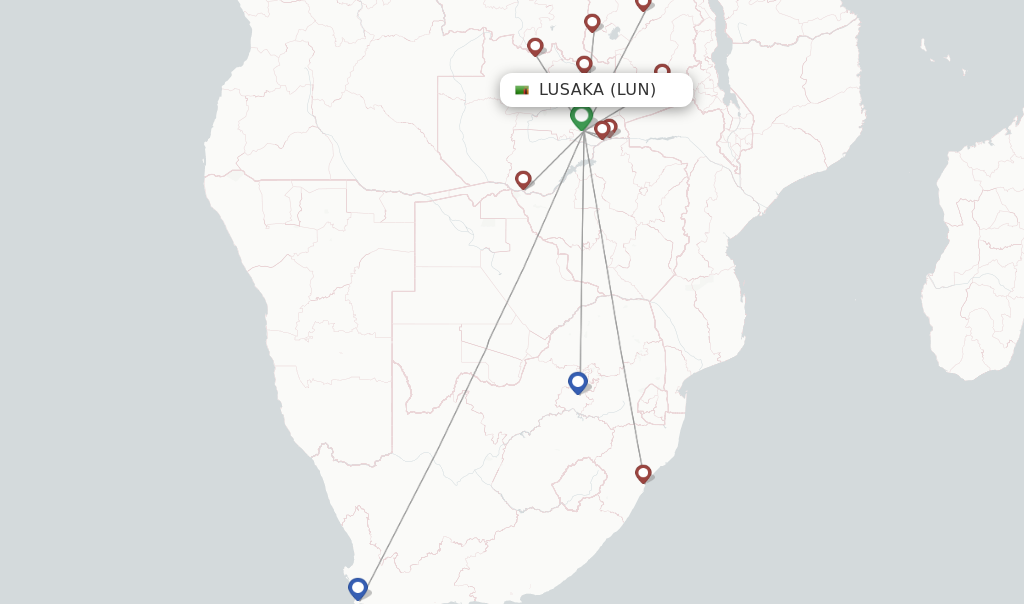 Route map with flights from Lusaka with Proflight Zambia