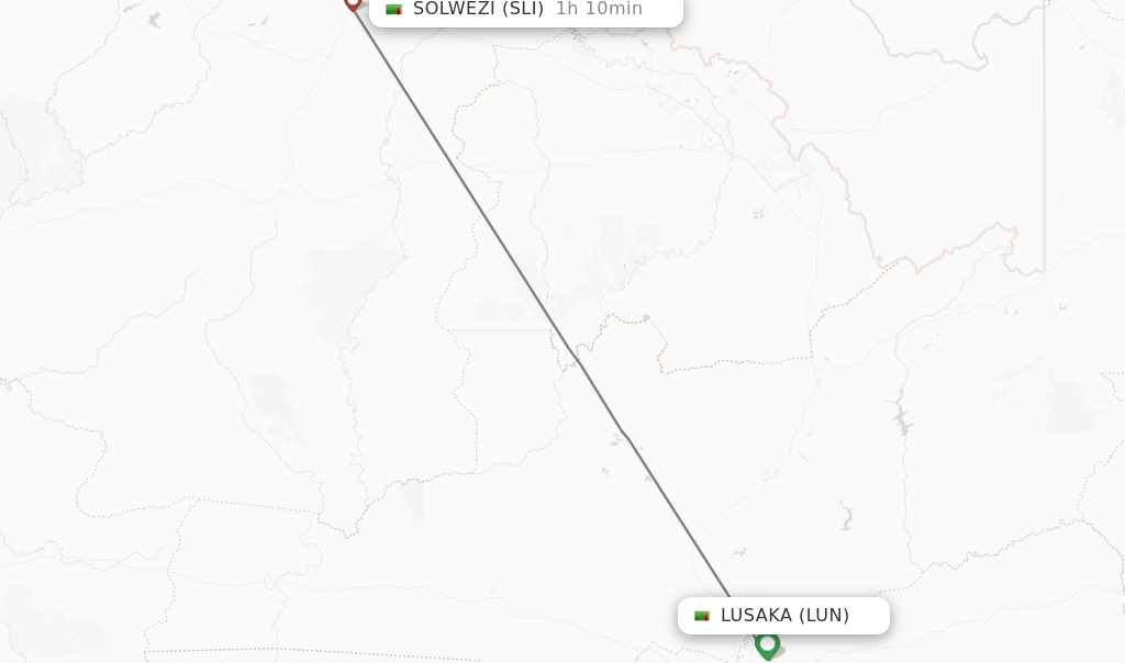 Flights from Lusaka to Solwezi route map
