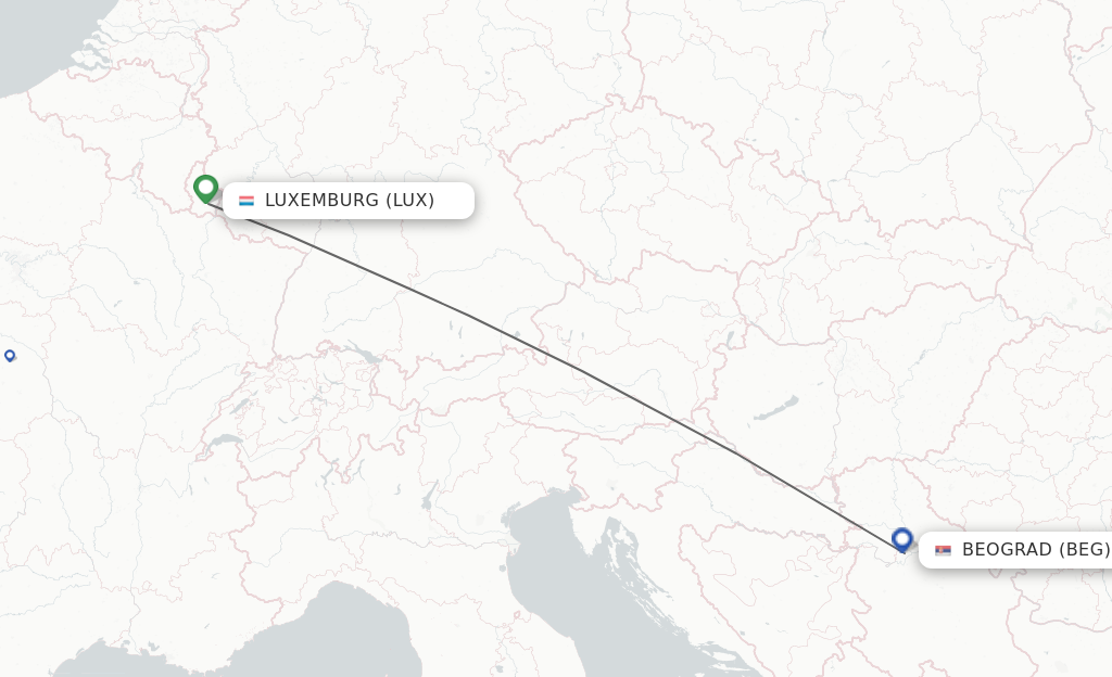 Flights from Luxembourg to Belgrade route map