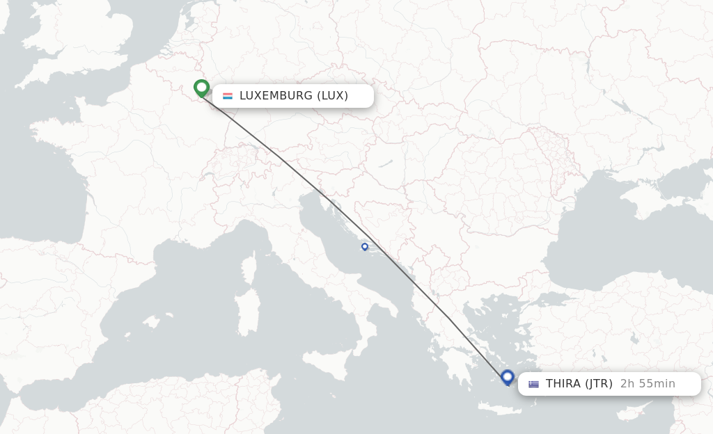 Flights from Luxembourg to Thira route map