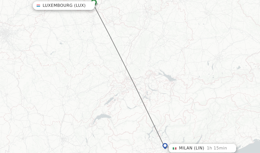 Flights from Luxembourg to Milan route map