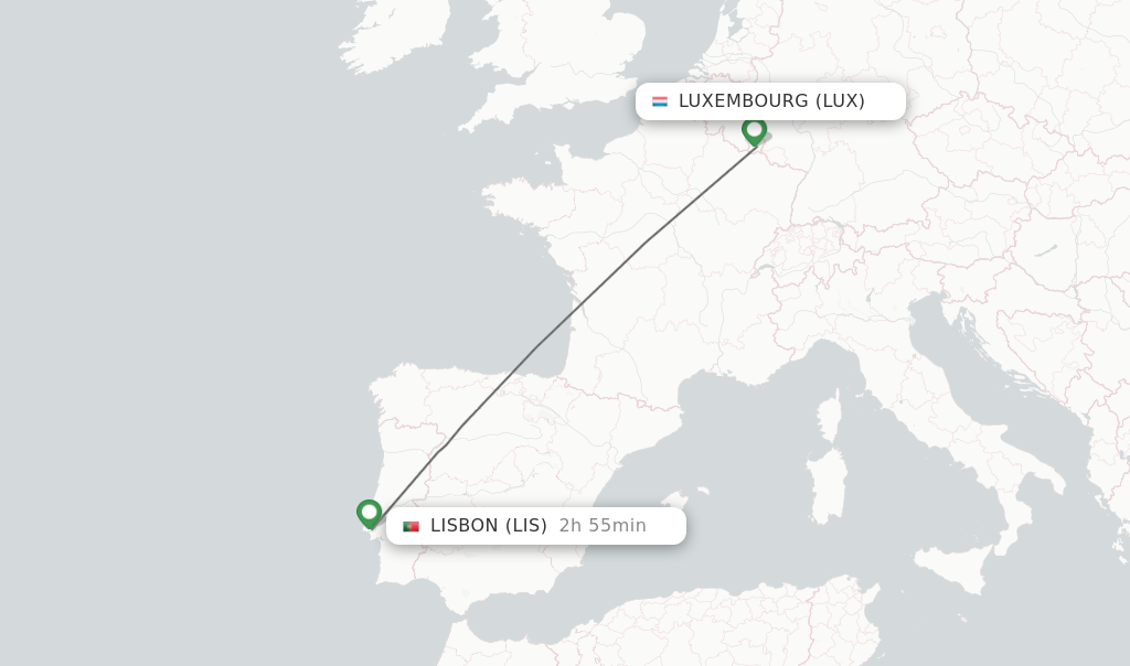 Flights from Luxembourg to Lisbon route map