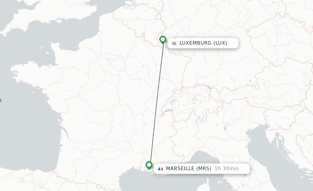 Flights from Luxembourg to Marseille route map