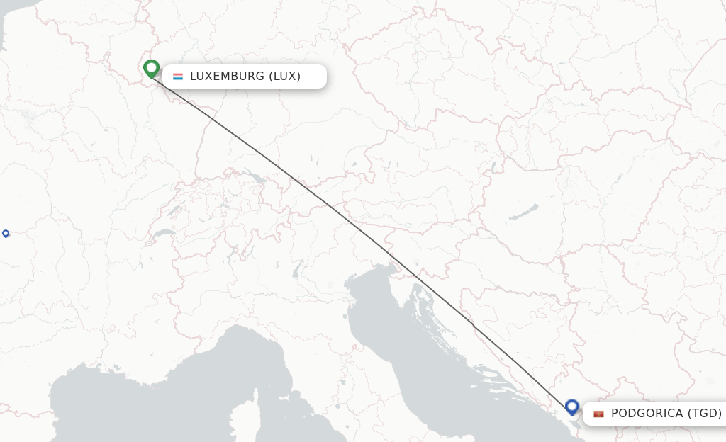 Flights from Luxembourg to Podgorica route map