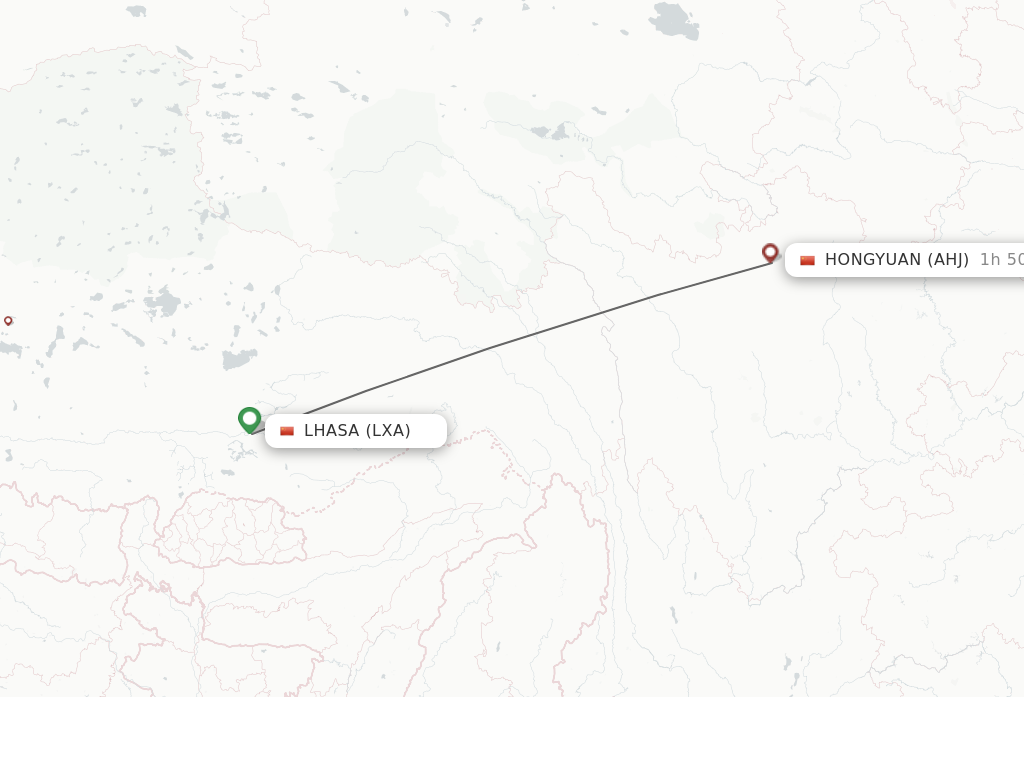 Flights from Lhasa/Lasa to Hongyuan route map