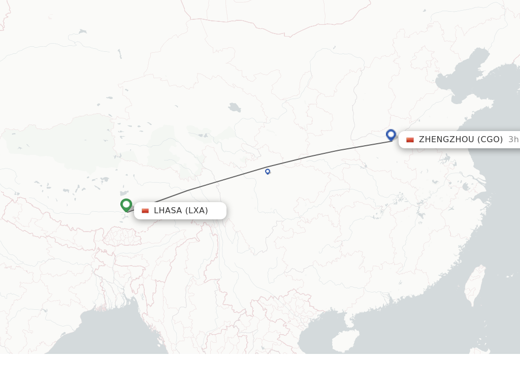 Flights from Lhasa/Lasa to Zhengzhou route map